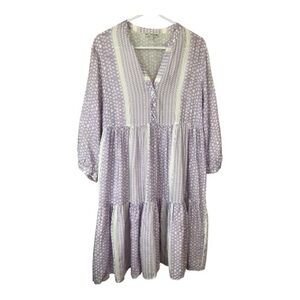 Marie Lund Copenhagen  Lavender/white Geo Print 3/4 Sl  Babydoll Tiered Dress